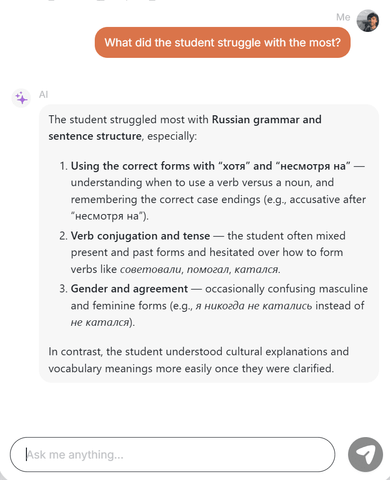 I asked Vomo AI for feedback on my biggest struggles during the lesson.