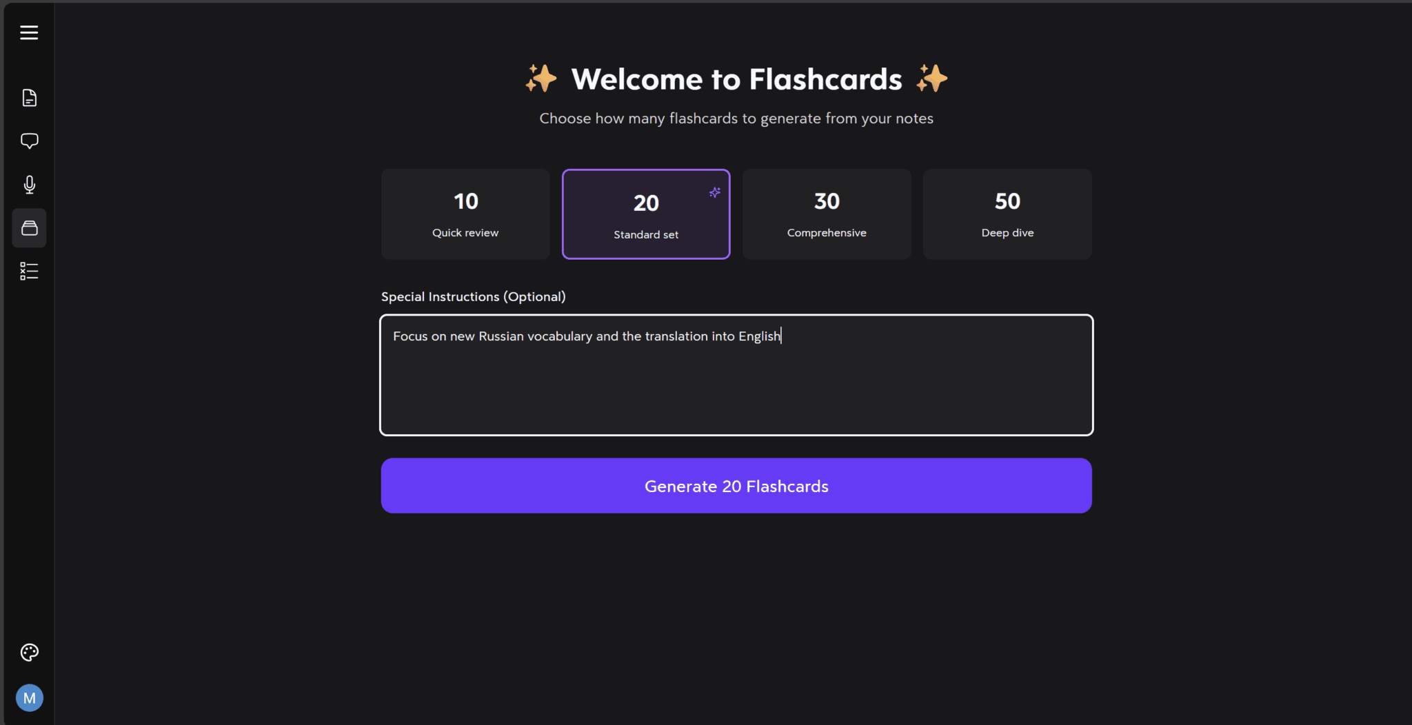 Turbo AI gives you a pre-written prompt that doesn't actually work. It's just an example of what you could write. Turbo AI flashcard generation tool modal, prompting users to select a source like a meeting for creating study sets.