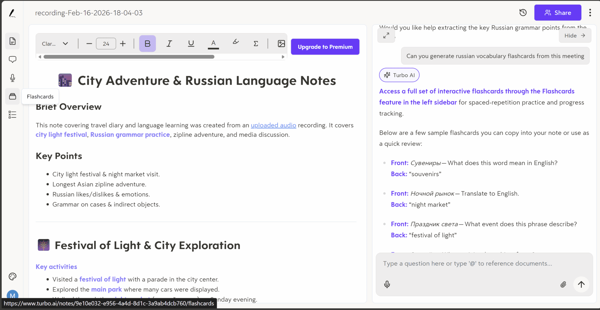 Turbo AI sidebar menu highlighting the flashcard, quiz, and podcast generation features.
