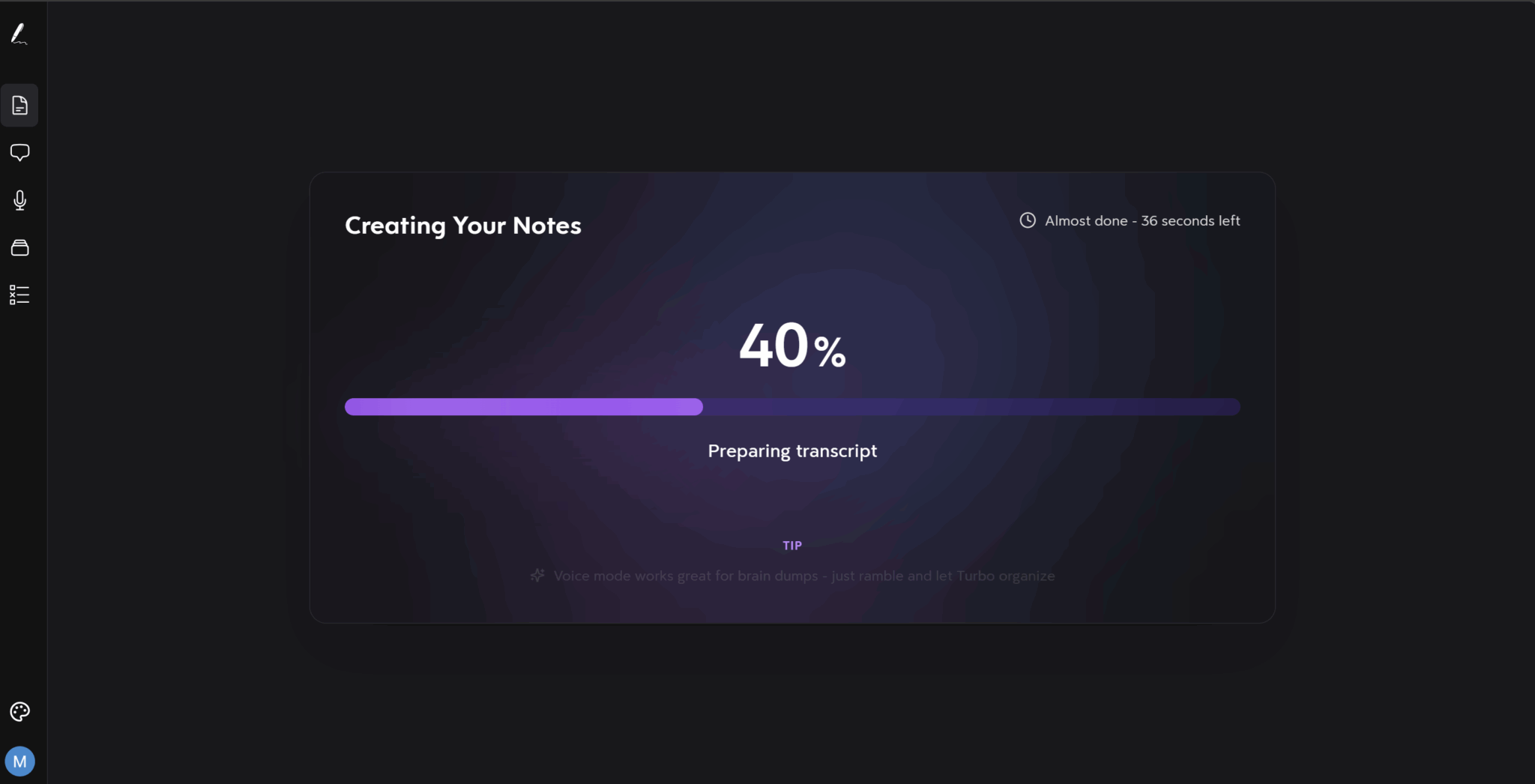 Turbo AI 'Generating Notes' progress screen showing the AI processing audio into structured summaries.