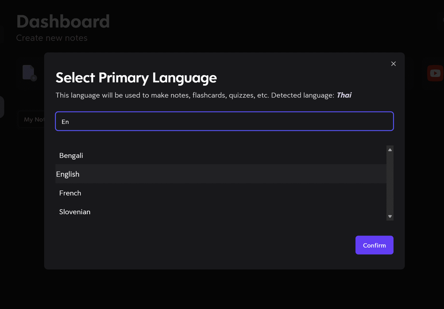 Turbo AI language selection screen for setting primary note-taking and transcription language.