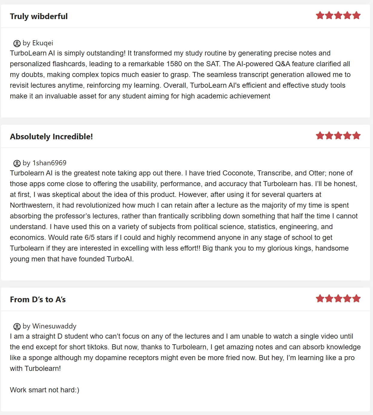 There are several 5 star reviews for Turbo AI on JustUseApp.