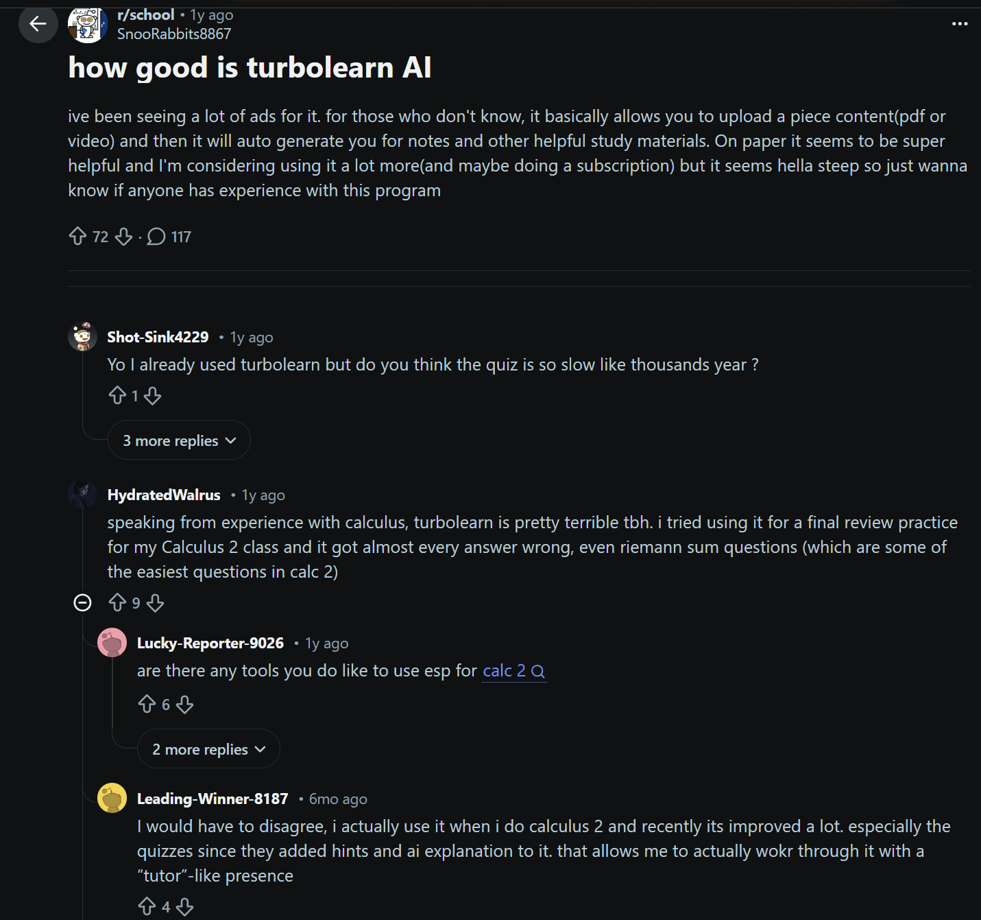 Reddit user comment on Turbo AI for calculus, stating it is "pretty terrible tbh" with 9 upvotes.
