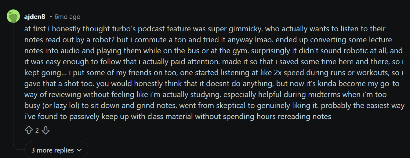 Reddit review praises Turbo Ai's podcasts.