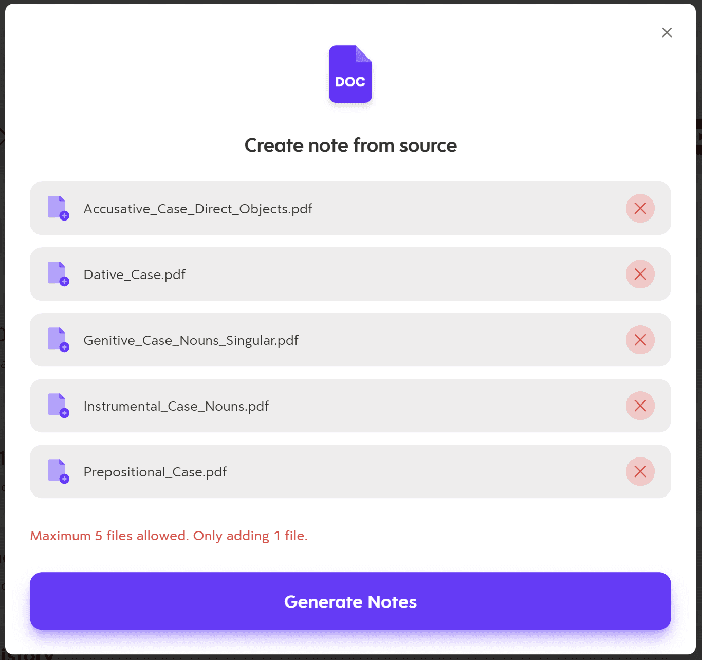 Turbo AI allows you to upload a maximum of 5 files. Turbo AI document upload interface showing a PDF grammar guide being converted into study materials.