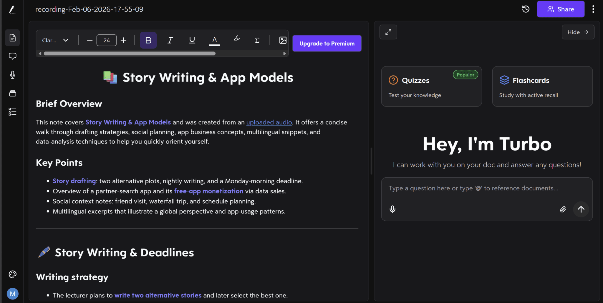 Turbo AI generated notes example with headings, emojis, and color-coded highlights for better readability.