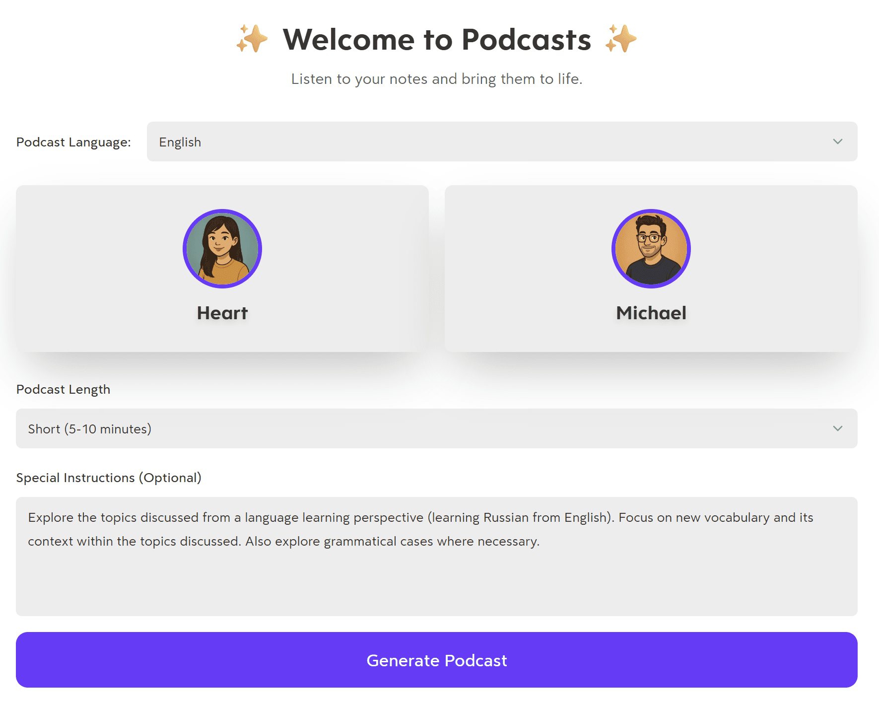 Turbo AI Generate Podcast feature that converts written study notes into an AI-narrated audio summary.