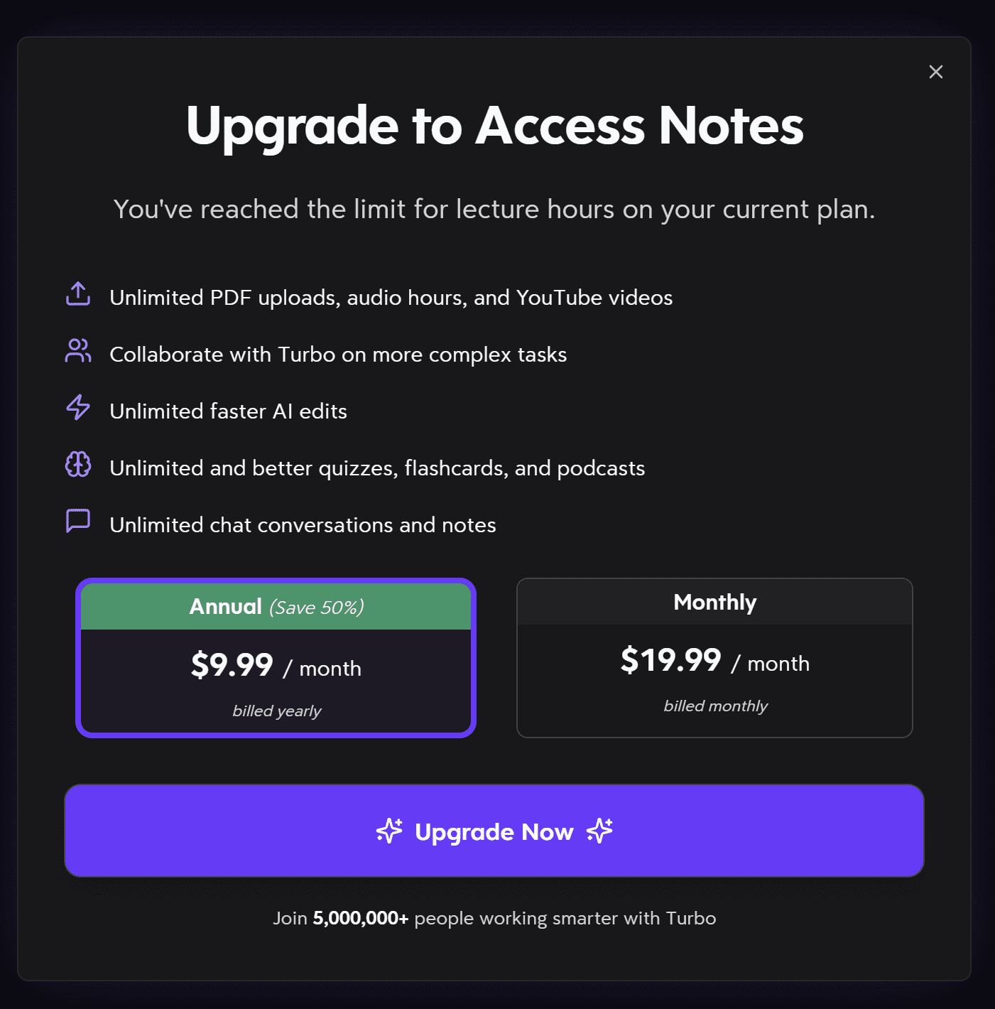 Turbo AI upsell. Turbo AI upsell screen displaying pricing details for premium subscriptions in 2026.