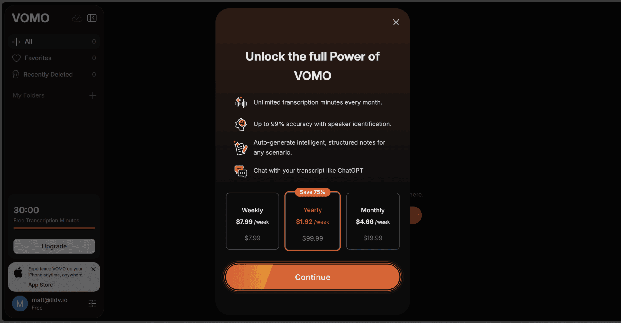 Vomo AI pop up upsell right after logging in