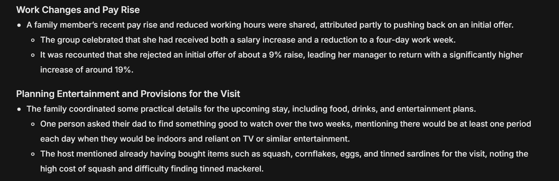 Vomo AI: a snippet from a summary of a family catch up.