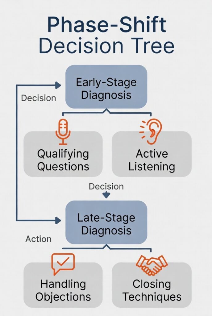 Phase-Shift Decision Tree flowchart showing early-stage vs. late-stage diagnosis with mapped technique paths