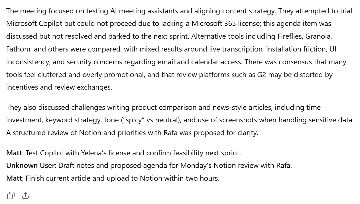 Screenshot dell'output di ChatGPT relativo al test di sintesi, che fornisce un riassunto della trascrizione di una riunione.