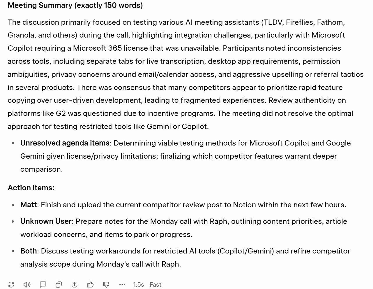 Screenshot del risultato ottenuto da Grok AI nel test di sintesi, in cui si cerca di riassumere la trascrizione di una riunione.