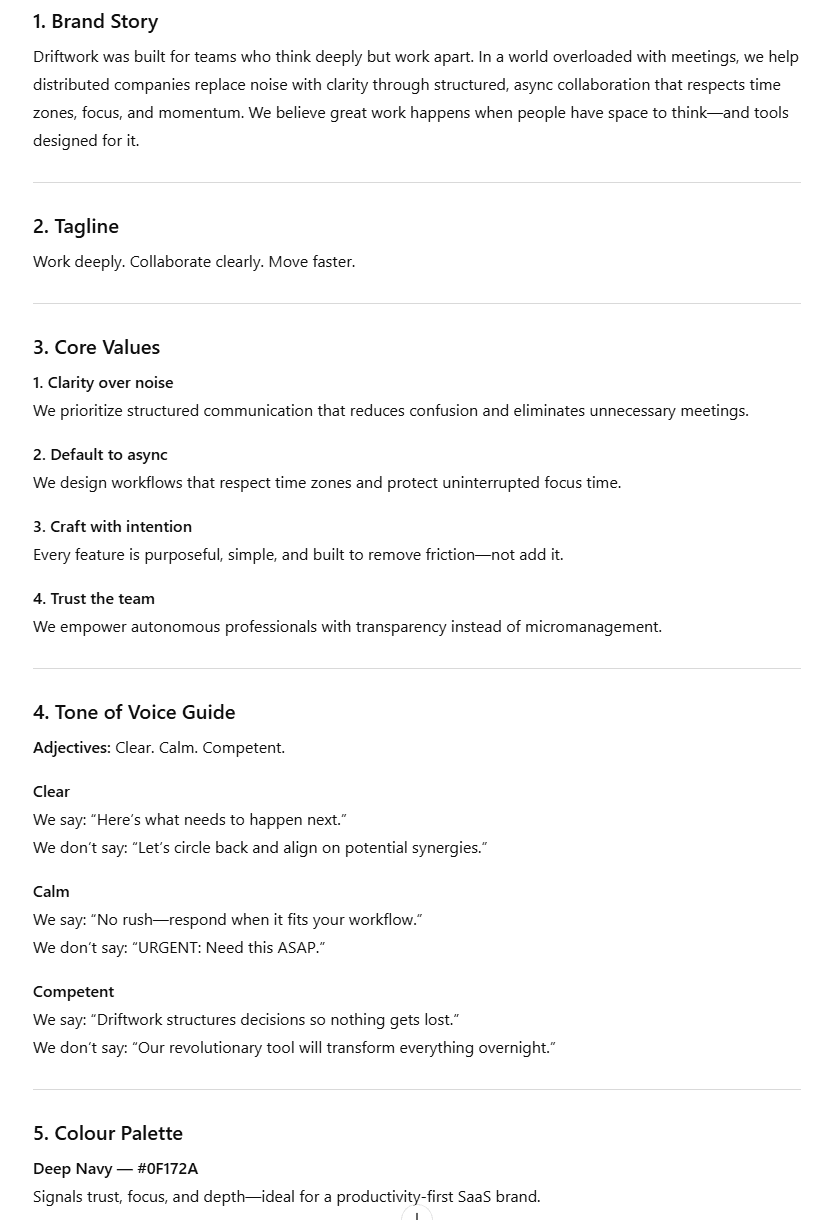 Screenshot della prima parte della risposta di ChatGPT alla richiesta di creazione del kit di marca per Driftwork.