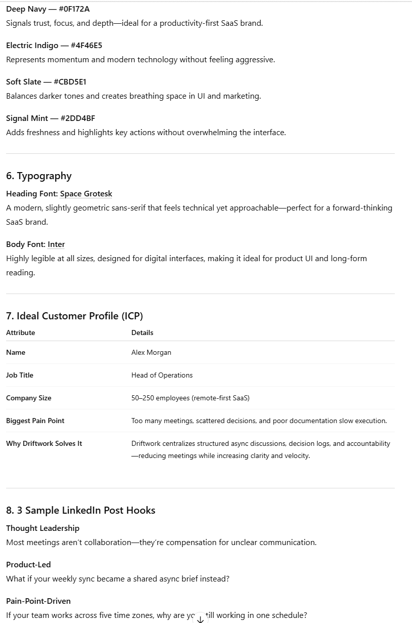 Screenshot della seconda parte della risposta di ChatGPT alla richiesta di creazione del kit di marca per Driftwork.