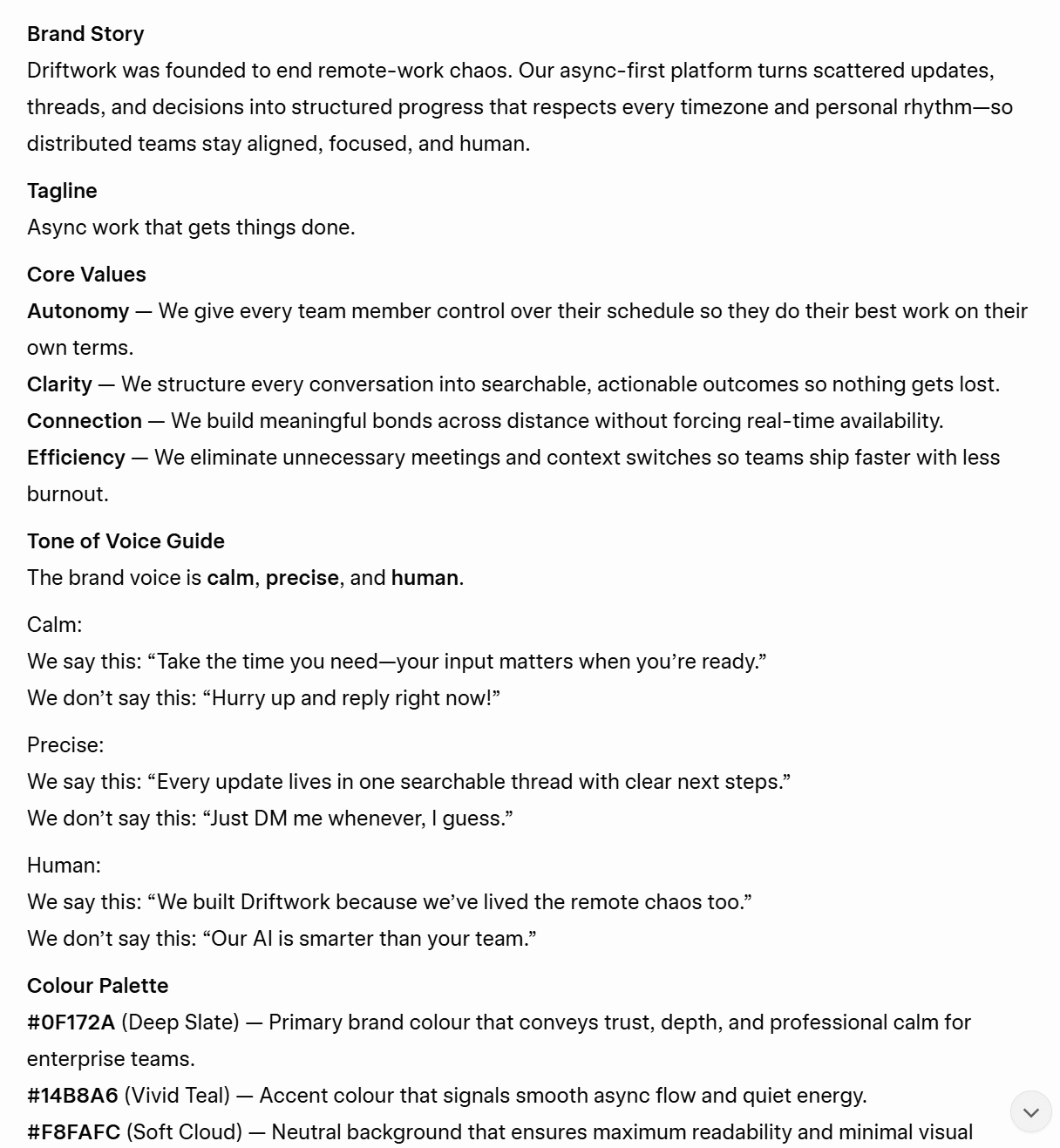 Screenshot della prima parte della risposta di Grok AI alla richiesta di creazione del kit di marca per Driftwork.