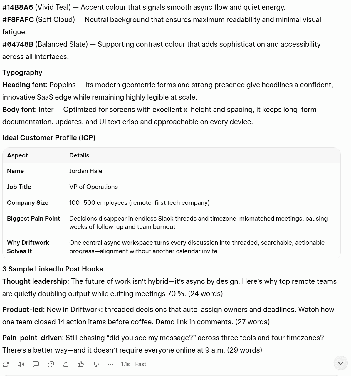 Screenshot della seconda parte della risposta di Grok AI alla richiesta di creazione del brand kit per Driftwork.
