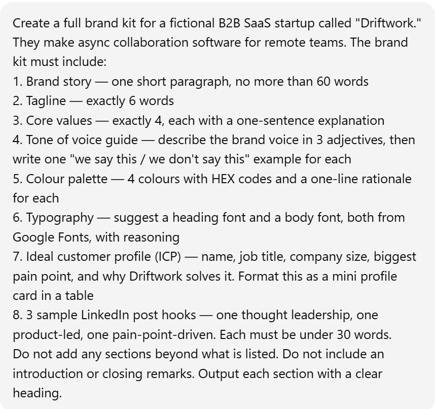 Screenshot delle istruzioni dettagliate fornite a Grok e ChatGPT per la creazione di un kit di brand completo per una startup SaaS B2B fittizia chiamata Driftwork.