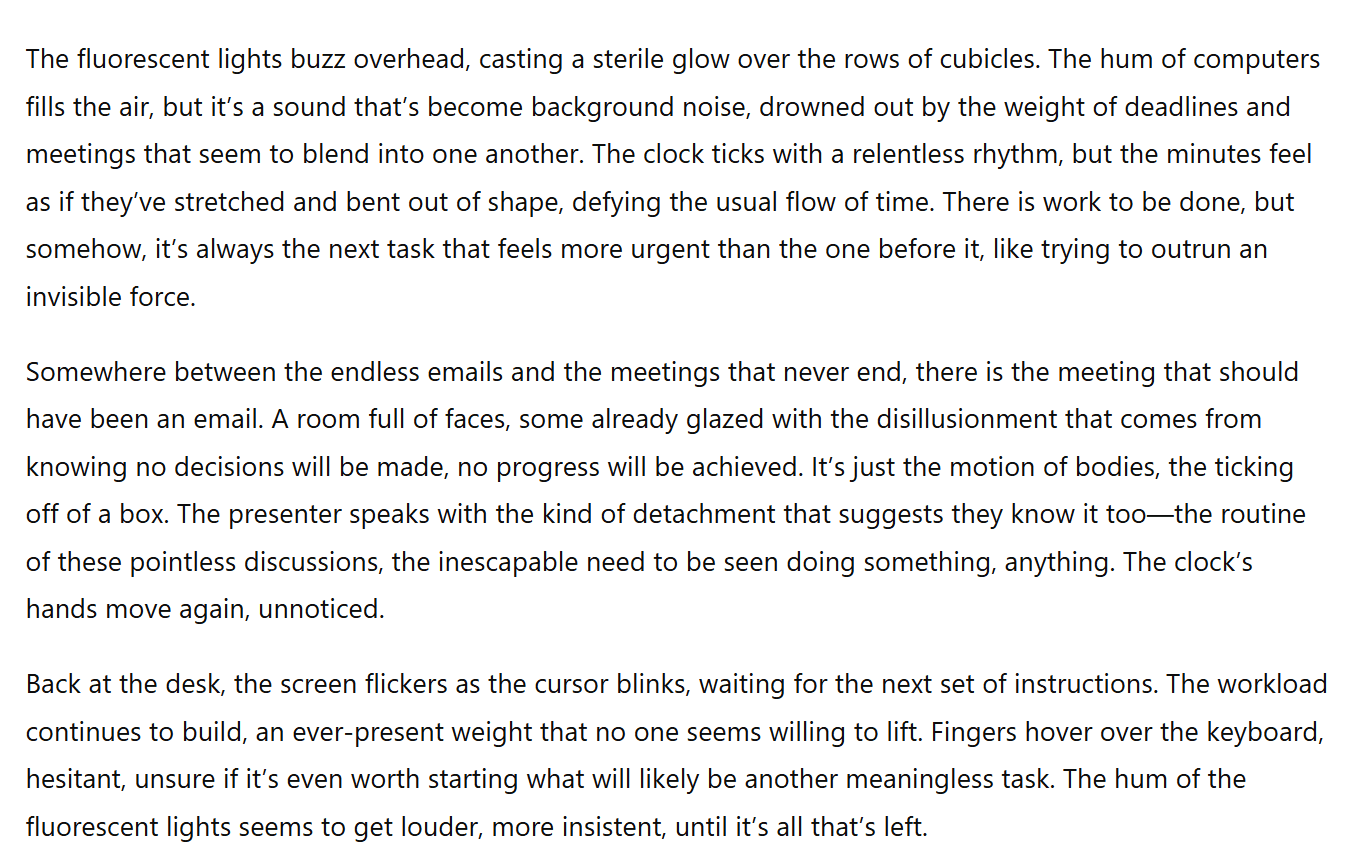 Screenshot del risultato generato da ChatGPT per il test di scrittura creativa: un racconto breve ambientato in un ufficio.