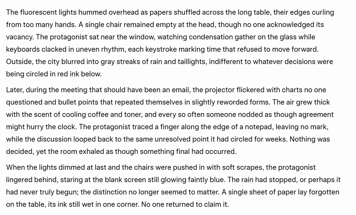 Screenshot del risultato fornito da Grok AI per il test di scrittura creativa: un racconto breve ambientato in un ufficio.