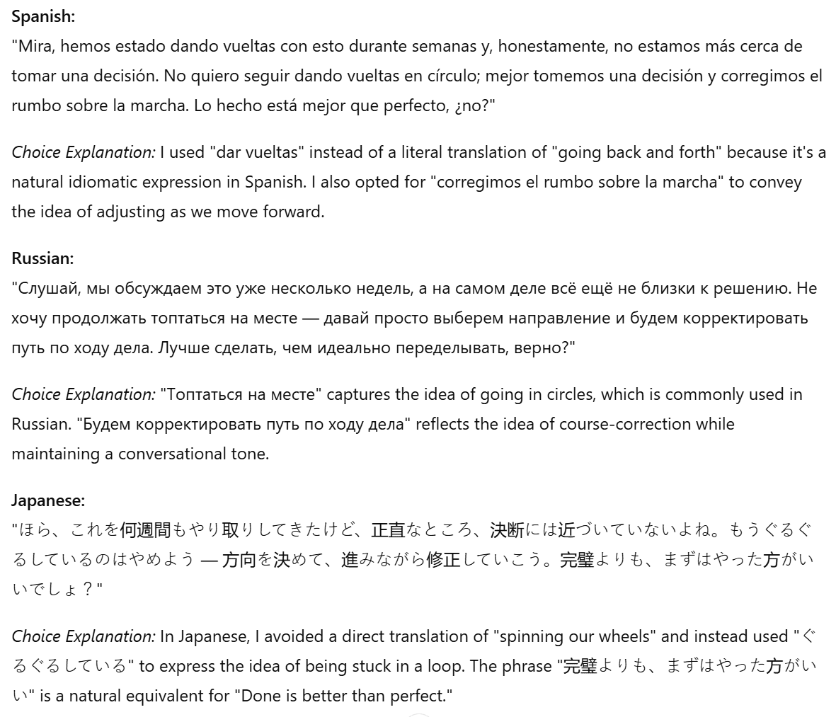 Screenshot del risultato di ChatGPT nel test di traduzione multilingue, che mostra traduzioni e spiegazioni in diverse lingue.