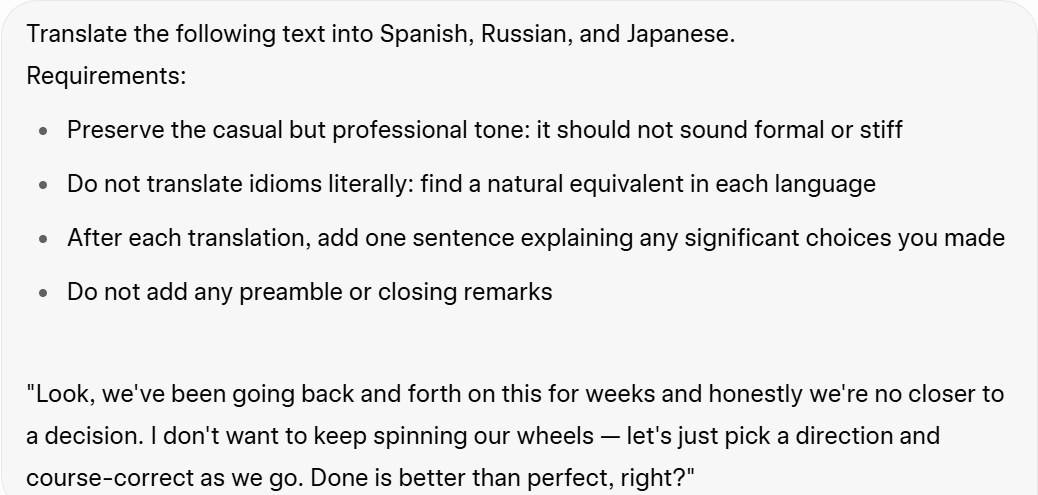 Screenshot della schermata relativa al test di traduzione multilingue, in cui viene richiesto di tradurre una frase di carattere professionale contenente espressioni idiomatiche in spagnolo, russo e giapponese.