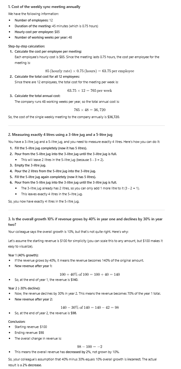 Screenshot del risultato fornito da ChatGPT per il test di matematica, risoluzione di problemi e ragionamento logico, che illustra il suo approccio alla risoluzione dei problemi.