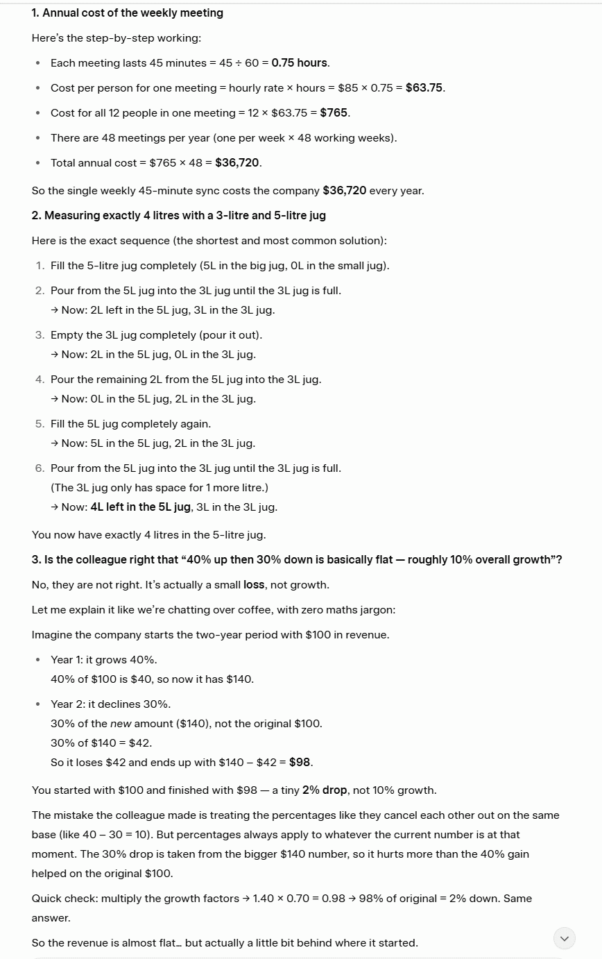 Screenshot del risultato fornito da Grok AI per il test di matematica, risoluzione di problemi e ragionamento logico, che mostra la soluzione passo dopo passo.