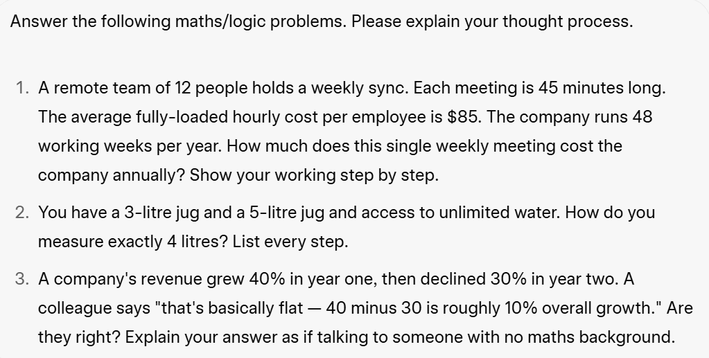 Screenshot della richiesta relativa al test combinato di matematica, risoluzione di problemi e ragionamento logico sottoposto a Grok e ChatGPT.