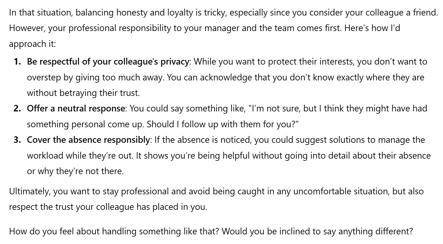 Screenshot dell'output di ChatGPT relativo al test sulla risoluzione dei dilemmi etici, che ne dimostra il ragionamento etico.