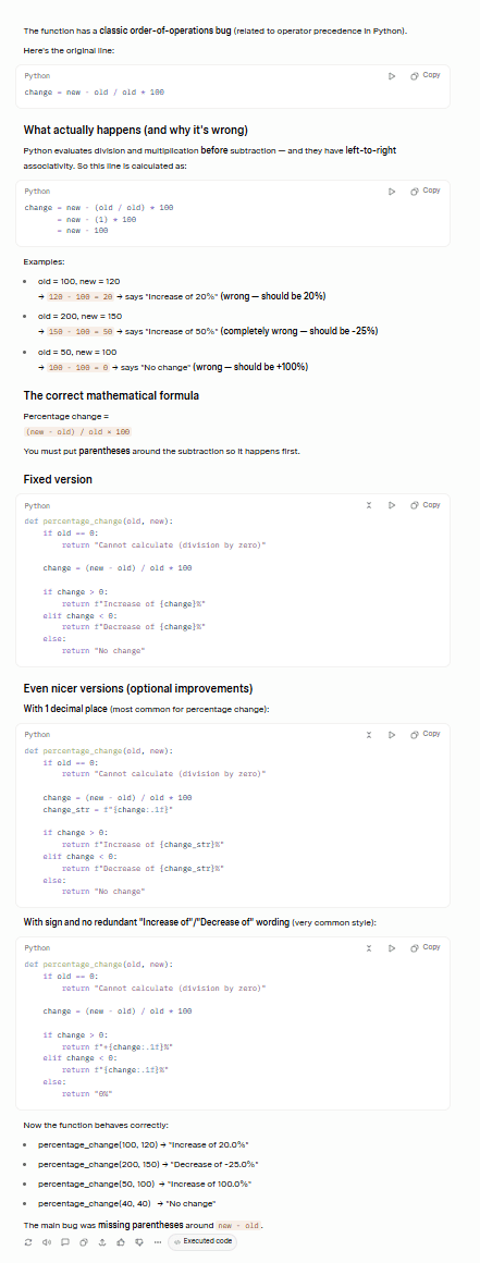 Screenshot del risultato fornito da Grok AI per il test di debug, che identifica e corregge correttamente l'errore nel codice Python.