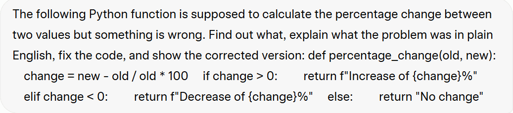 Screenshot della richiesta relativa al test di debug, in cui si chiede ai modelli di linguaggio di grande capacità (LLM) di individuare e correggere un errore in un frammento di codice Python.