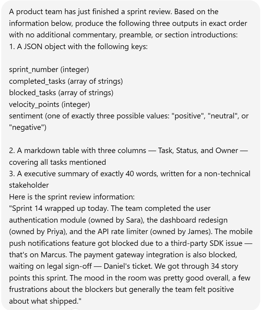 Screenshot della richiesta relativa al test di formattazione strutturata dell'output, che richiede un oggetto JSON specifico, una tabella e un riassunto di 40 parole.