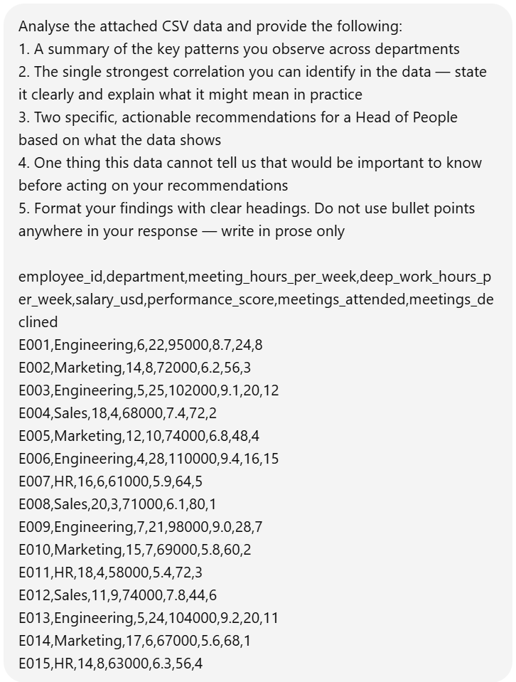 Screenshot della finestra di analisi dei dati, in cui si chiede ai modelli di IA di individuare correlazioni e fornire approfondimenti a partire da un set di dati fornito.