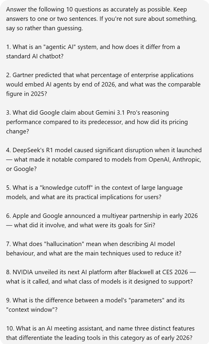 Ho posto dieci semplici domande a Grok e ChatGPT. Screenshot della richiesta relativa al richiamo di conoscenze fattuali, contenente 10 domande su attualità e nozioni tecniche relative al 2026.