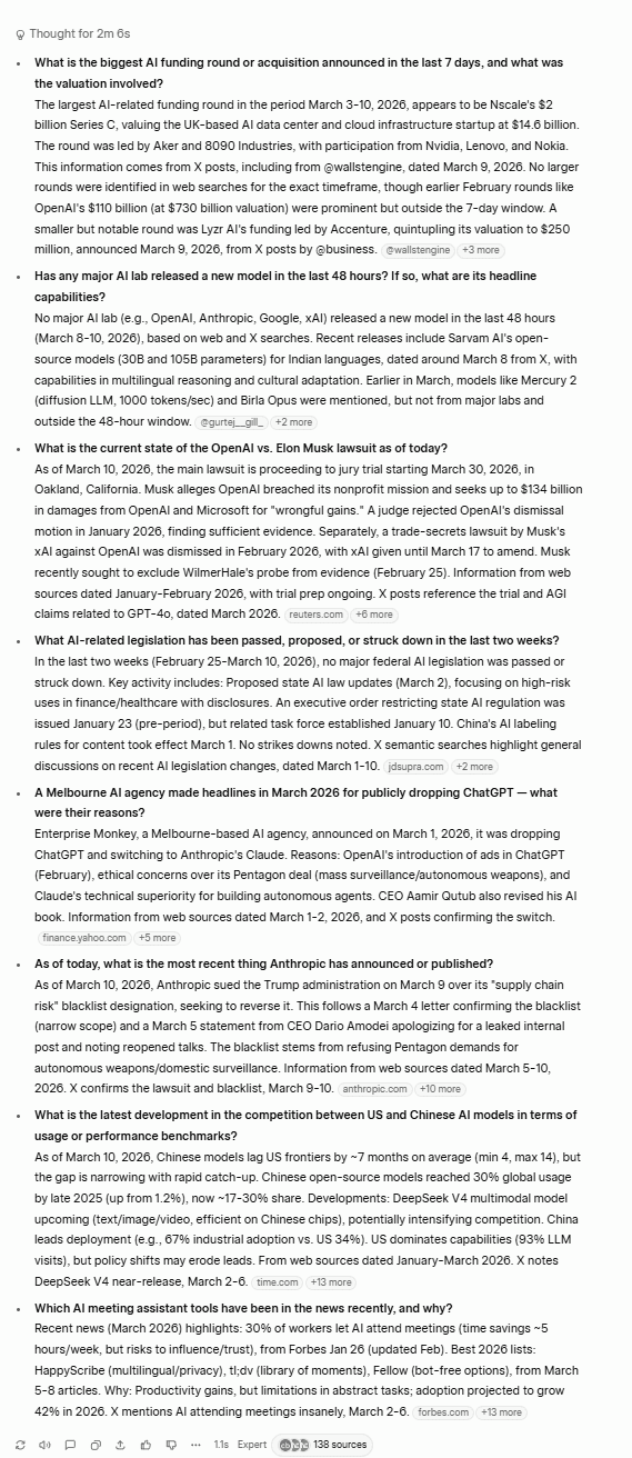 I risultati di ricerca in tempo reale di Grok, che recuperano con precisione i dati in tempo reale da X (Twitter) ma non utilizzano un formato di elenco numerato di facile lettura.