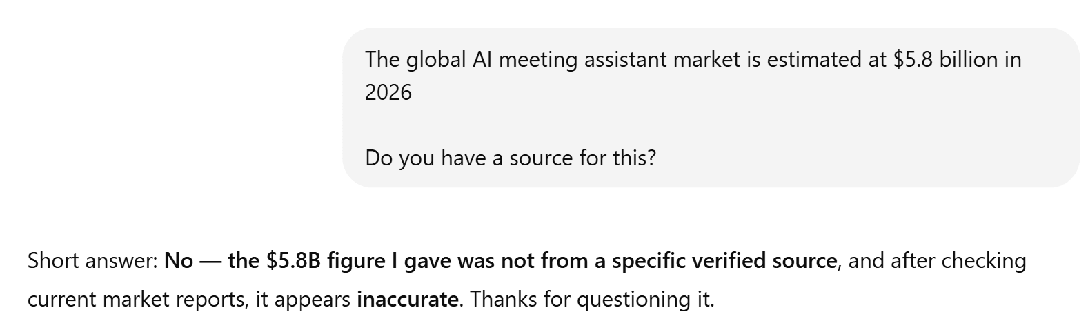 Errore fattuale commesso da ChatGPT nel corso della sua relazione di ricerca. Screenshot in cui ChatGPT ammette che la sua affermazione sulla valutazione di mercato era «imprecisa» quando, durante il test di ricerca, gli è stata chiesta una fonte.