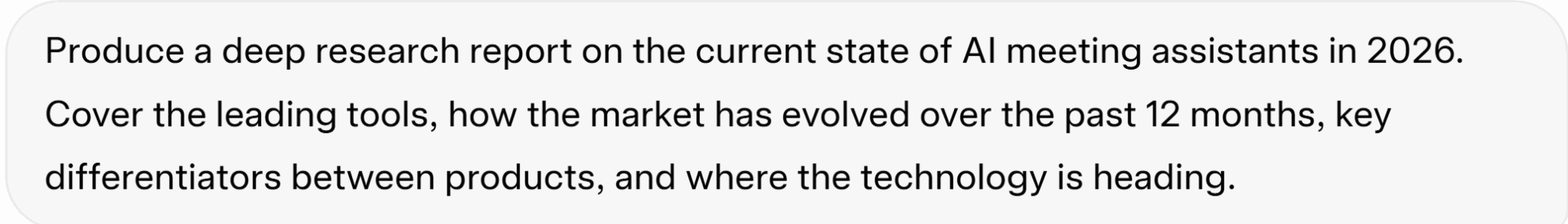 Screenshot della richiesta di ricerca approfondita, in cui si chiede una relazione completa sul mercato degli assistenti virtuali per riunioni basati sull'intelligenza artificiale.