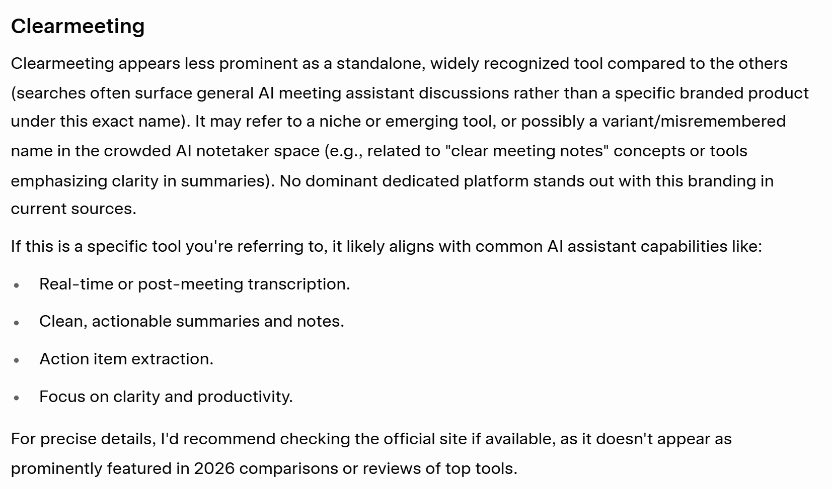 La risposta di Grok al test sulle allucinazioni, in cui ha correttamente identificato che «Clearmeeting» non è un prodotto di marca conosciuto.