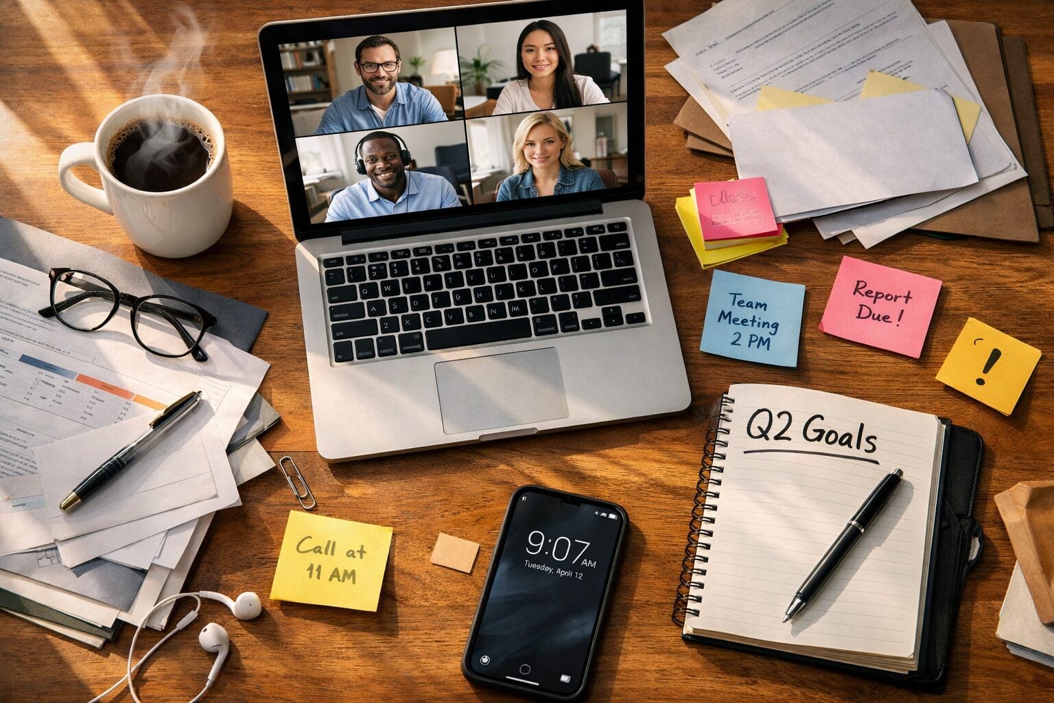 L'immagine generata da ChatGPT, che mostra una scena d'ufficio di alta qualità ma dall'aspetto leggermente artificiale, ripresa da un'angolazione dall'alto.