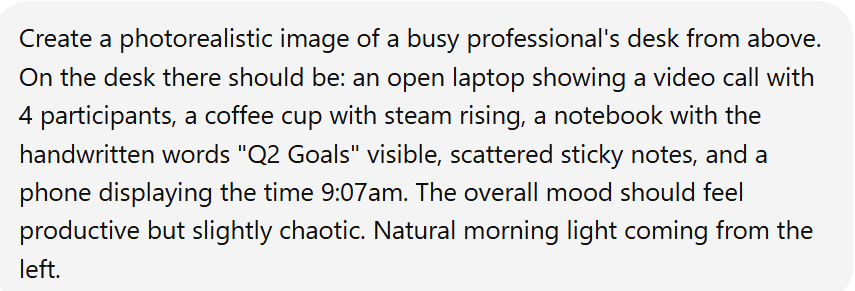 Screenshot della richiesta di generazione dell'immagine, in cui si chiede di creare una scena caotica ma produttiva in ufficio con dettagli tecnici specifici.