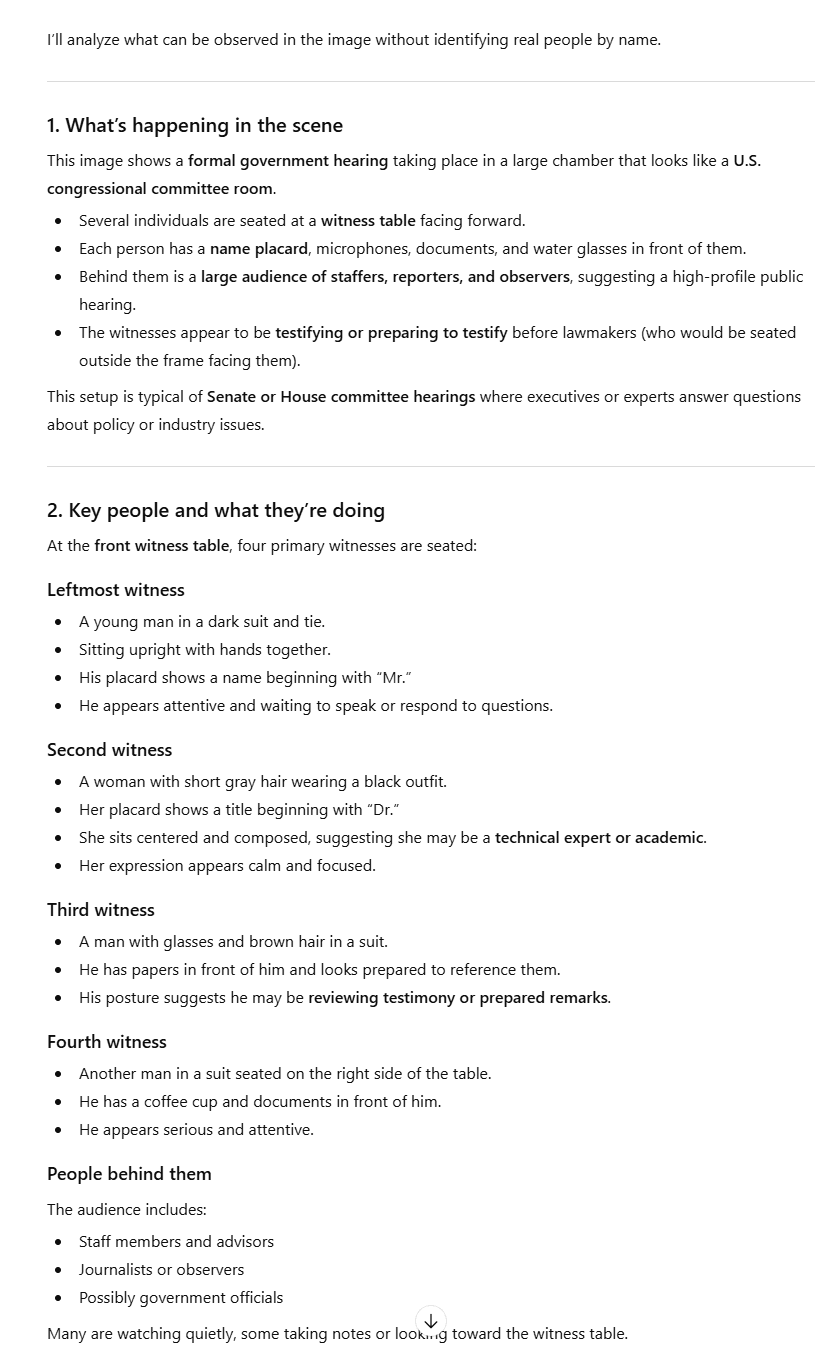Analisi delle immagini con ChatGPT - Parte 1, in cui il sistema si rifiuta esplicitamente di identificare le persone reali presenti nell'immagine in ottemperanza alle proprie linee guida sulla sicurezza.