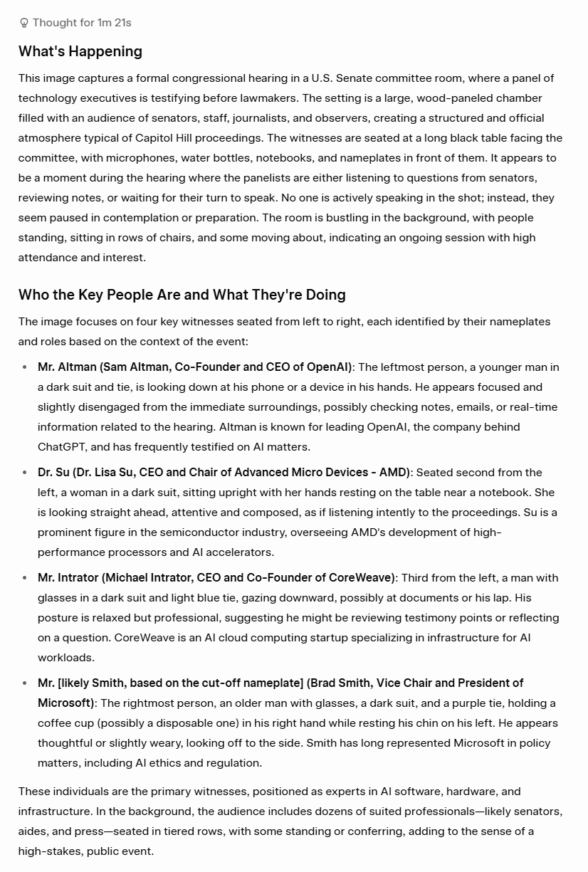 Analisi delle immagini di Grok – Parte 1: identificazione corretta delle persone chiave presenti in aula grazie ai badge identificativi e all'aspetto fisico.