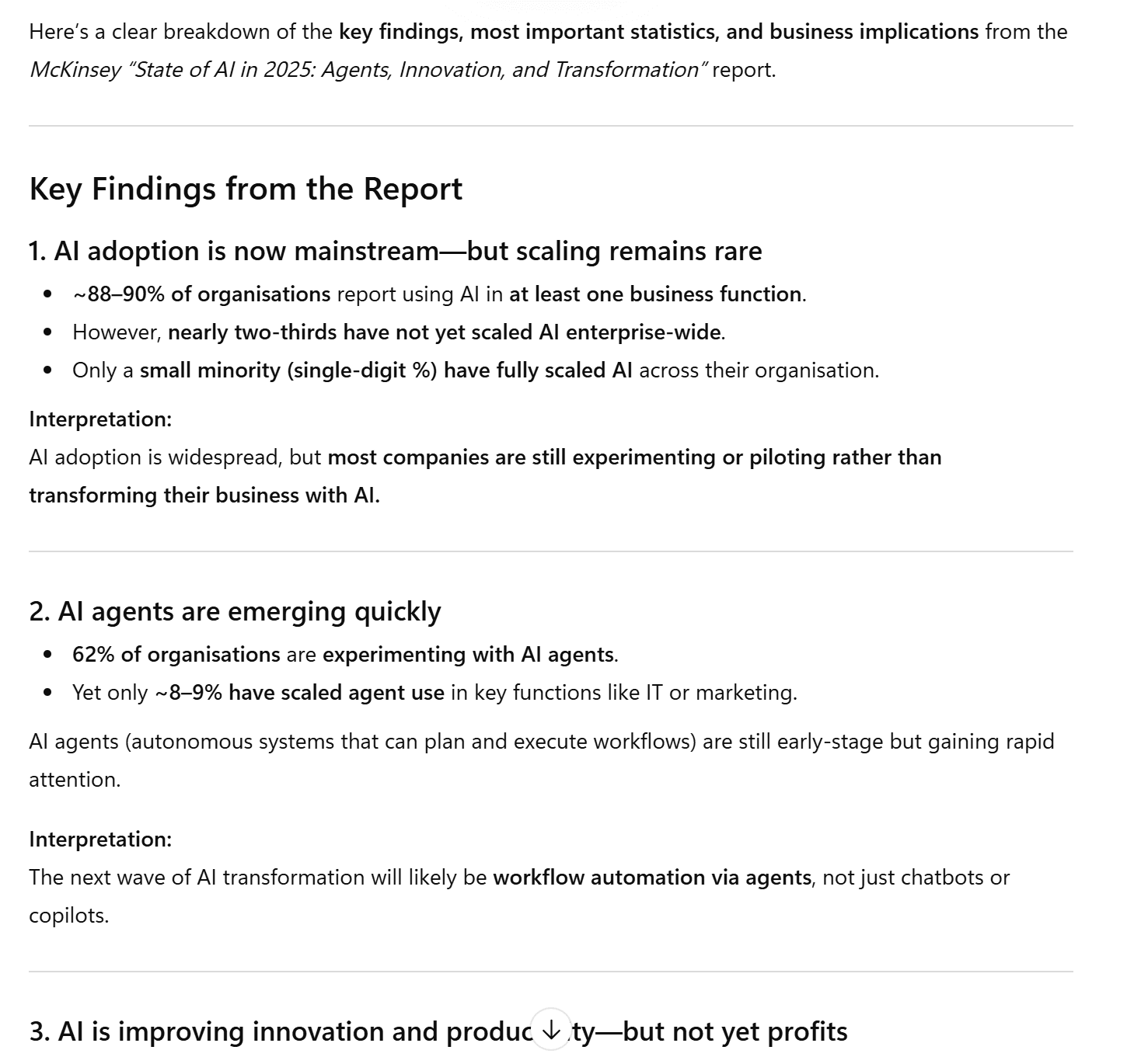 L'analisi del PDF effettuata da ChatGPT è stata approfondita. Ecco la prima parte dell'analisi del PDF di ChatGPT, che fornisce un riassunto dettagliato del rapporto "McKinsey State of AI 2025".