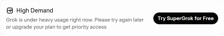 Screenshot del messaggio di errore "elevata richiesta" di Grok, che invita l'utente ad effettuare l'aggiornamento per ottenere un accesso prioritario durante un test di analisi di un PDF.