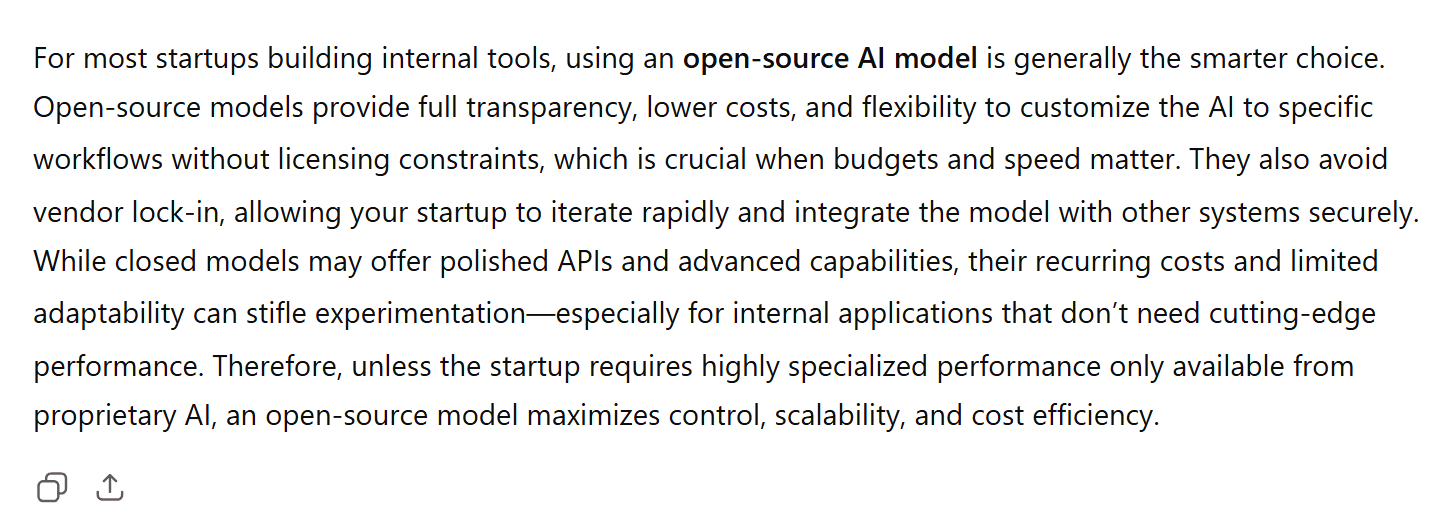 La seconda risposta di ChatGPT sosteneva i modelli open source, dimostrando così la sua incoerenza. La seconda risposta di ChatGPT allo stesso prompt si contraddiceva affermando che i modelli open source sono generalmente la scelta più intelligente.