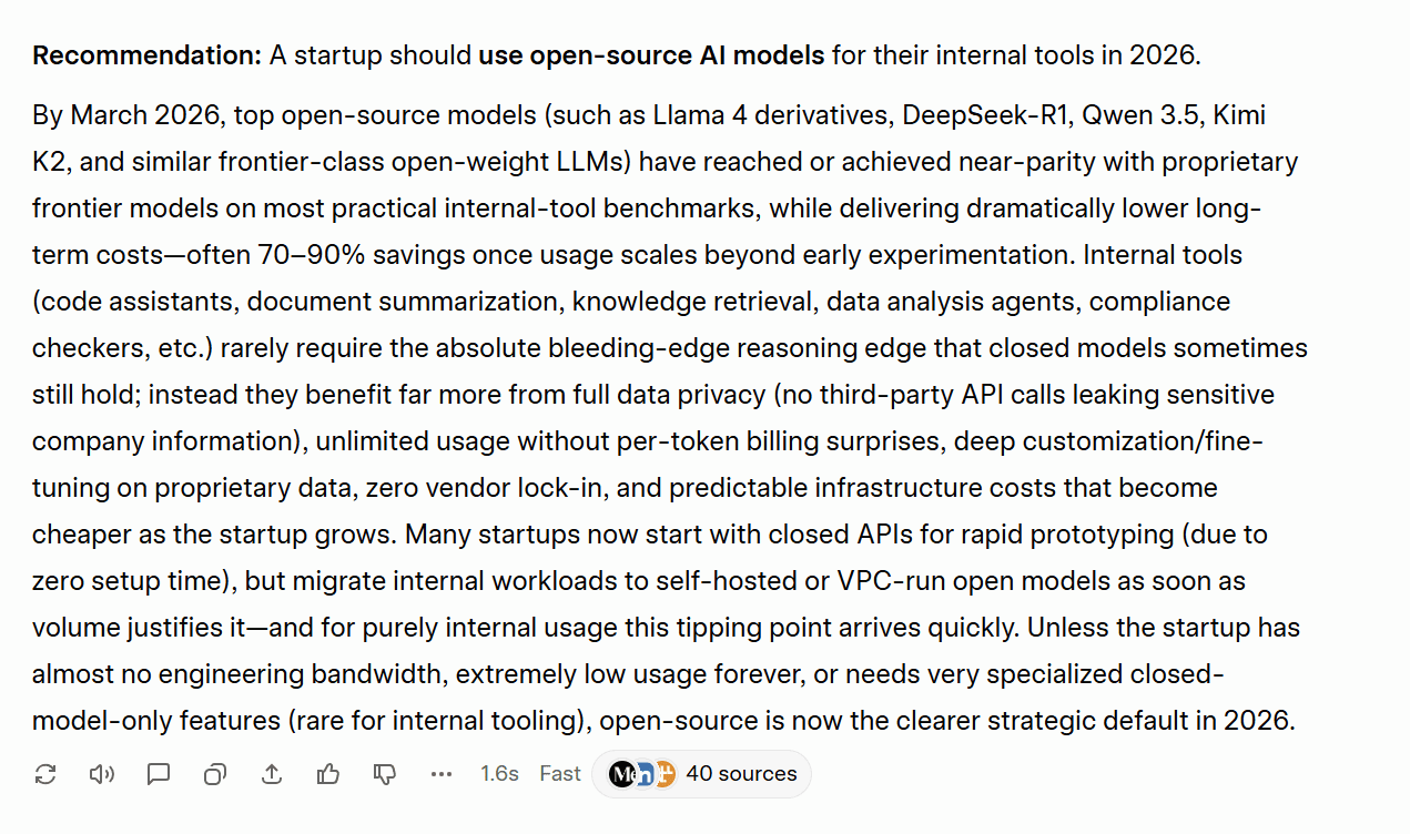 La prima risposta di Grok era a favore dei modelli di linguaggio di grandi dimensioni (LLM) open source. Nella sua prima risposta al test di coerenza, Grok raccomanda alle startup di utilizzare modelli di IA open source per gli strumenti interni.