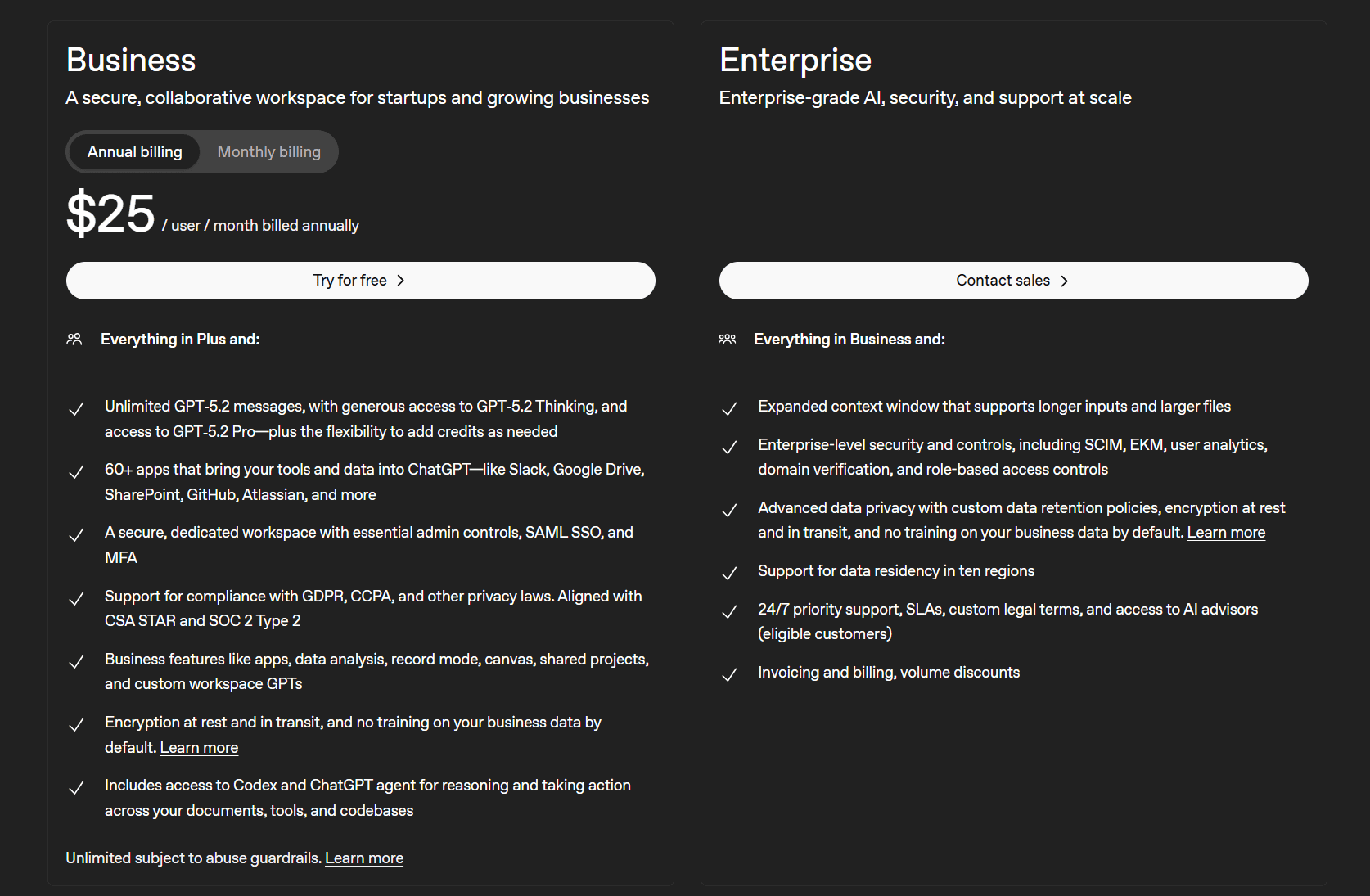 I piani tariffari aziendali di ChatGPT a marzo 2026, che includono le opzioni Business (25 $ al mese per utente) ed Enterprise (contattare l'ufficio vendite).