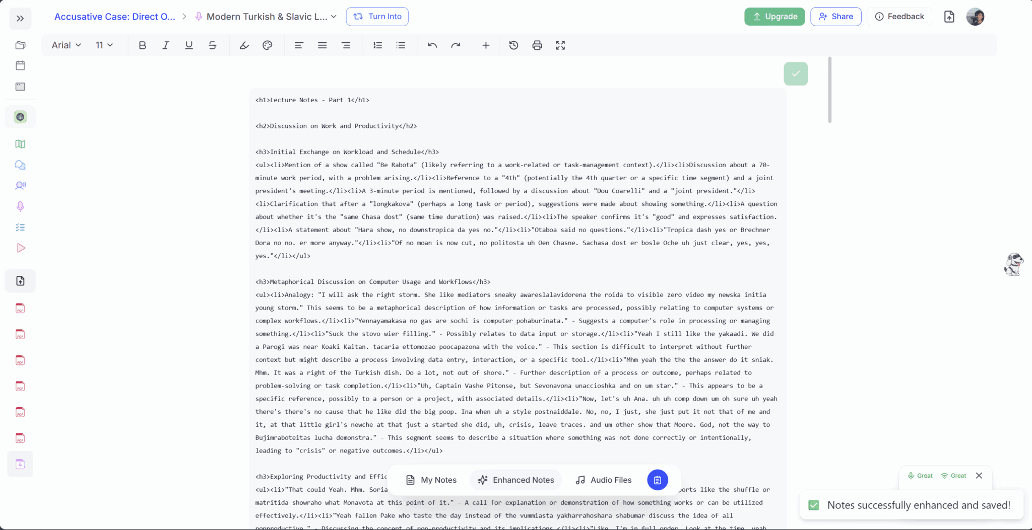 Знімок екрана з функцією «Розширені нотатки» у StudyFetch, але нотатки відображаються неправильно, а у відповіді видно код Markdown.