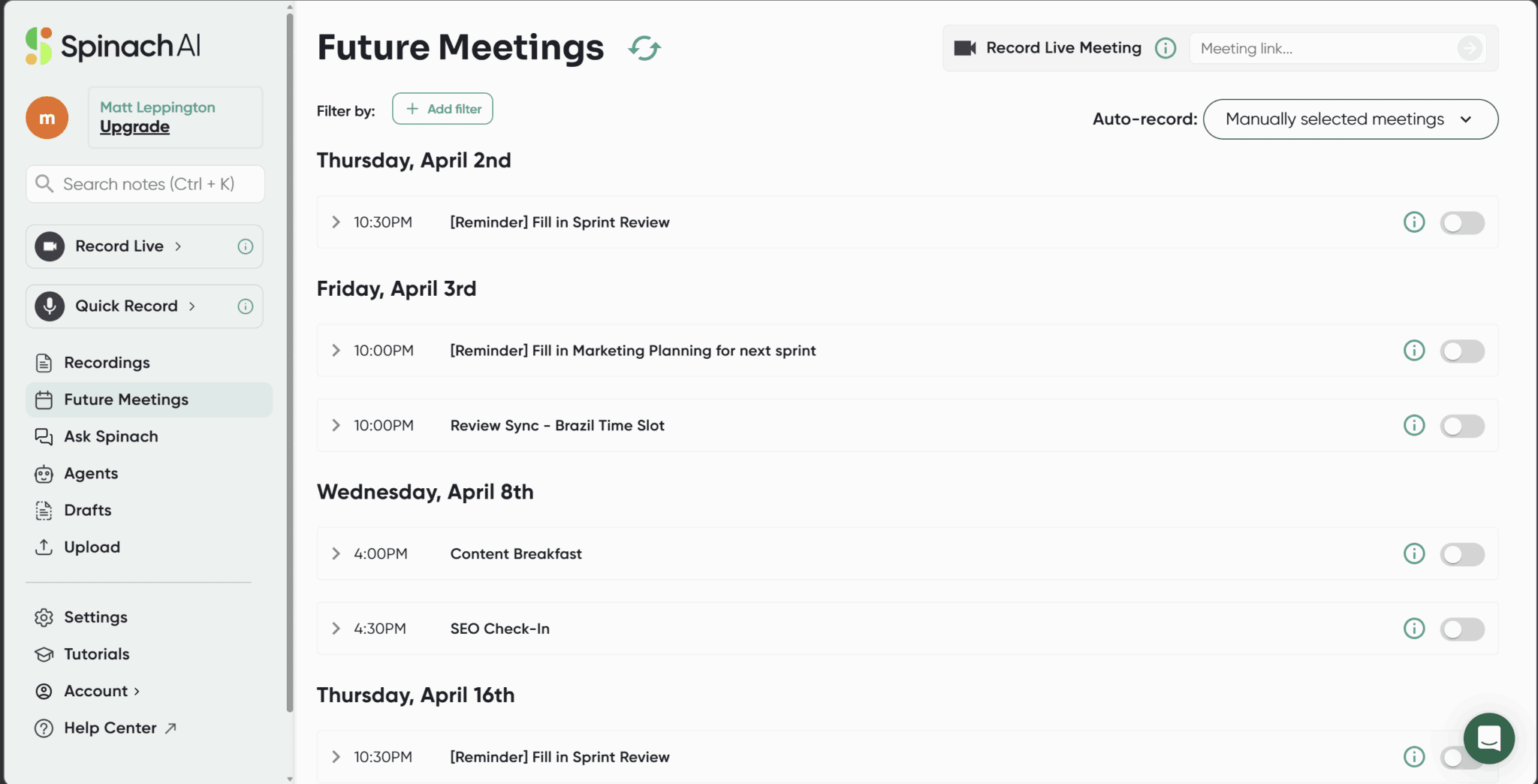 Spinach AIの「Future Meetings」ダッシュボード。